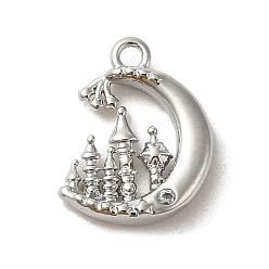 Platinum Brass Micro Pave Cubic Zirconia Charms, Moon with Tower, Platinum, 12x9.5x2mm, Hole: 1.2mm