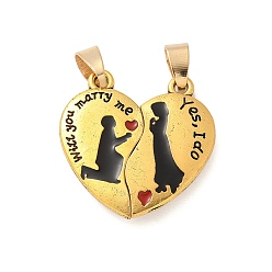 Античное Золото Эмали сплава сплит подвески, сердечный парный шарм с человеком и словом ты выйдешь за меня замуж/да, я согласна, с магнитным, античное золото , 25.5x25.5x5.5 мм, отверстие : 7x4 мм