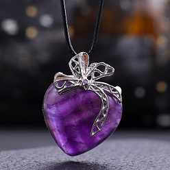 Amethyst Natural Amethyst Pendants, Heart Charms with Platinum Plated Metal Bowknot, 40x30mm