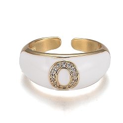 Letter O Brass Micro Pave Clear Cubic Zirconia Cuff Rings, Open Rings, with Enamel, Cadmium Free & Lead Free, Golden, Letter.O, US Size 7 1/4, Inner Diameter: 17.6mm