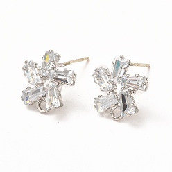 Платина Латунные микро-паве прозрачные серьги-гвоздики из циркония, с петлей, цветок, платина, 12.5x12 мм, отверстие : 1.6 мм, штифты : 0.7 мм