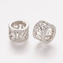 Platinum Brass Micro Pave Cubic Zirconia Beads, Large Hole Beads, Column, Hollow, Platinum, 10x7mm, Hole: 7mm