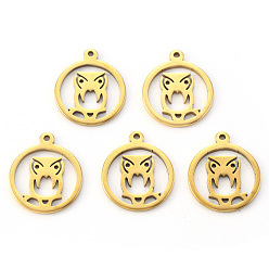 Golden PVD Vacuum Plating 201 Stainless Steel Pendants, Laser Cut, Ring with Owl, Real 18K Gold Plated, 16.5x14x1mm, Hole: 1.2mm