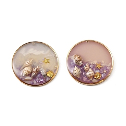 Средний Фиолетовый Подвески из латуни и смолы, с ракушкой и жемчужиной из АБС-пластика, плоские круглые прелести, с блеском порошок, золотой свет, средне фиолетовый, 30x4~5.5 мм, отверстие : 1.2 мм