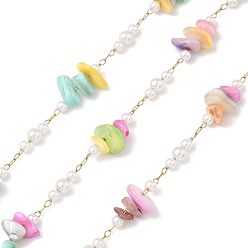 Разноцветный Цепочки ручной работы из натуральных ракушек и бисера, имитирующего АБС-пластик., с 316 хирургическими цепями из нержавеющей стали, ионное покрытие (ip), несварные, с катушкой, реальный 18 k позолоченный, красочный, ссылка: 12~15x8.5~11x6~7мм и 11x4мм