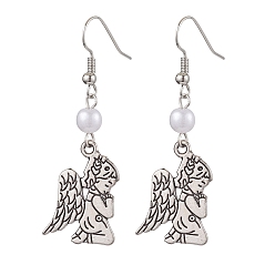 Antique Silver Tibetan Style Alloy Dangle Earrings, with Acrylic Imitation Pearl Beads, Angel, Antique Silver, 50x17mm