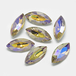 Темный Хаки Заостренные заднее стекло горный хрусталь кабошоны, с покрытием на задной стороне, граненые, с покрытием AB цвета, лошадиный глаз , Темный хаки, 15x7x4 мм