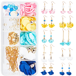 Mixed Color DIY Flower Cloth Pendant Earrings Making Kits, include Alloy Links, Brass Cable Chains, Glass & Shell & Glass Pearl Beads, Brass Earring Hooks and Iron Findings, Mixed Color, Pendants: 20pcs/box