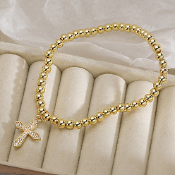 Настоящее золото 18K Браслеты с подвесками из латуни с прозрачным кубическим цирконием, круглые бусины эластичные браслеты для женщин, крестик, реальный 18 k позолоченный, 7.87 дюйм (20 см)