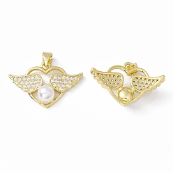 Real 18K Gold Plated Rack Plating Brass Micro Pave Clear Cubic Zirconia Pendants, with Acrylic Bead, Long-Lasting Plated, Cadmium Free & Lead Free, Heart with Wing, Real 18K Gold Plated, 16x25.5x7mm, Hole: 4x3mm