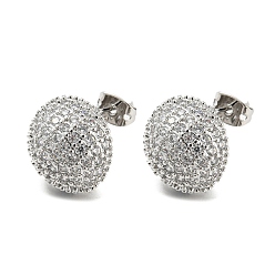 Platinum Round Shape Brass Micro Pave Clear Cubic Zirconia Stud Earrings, Half Hoop Earrings, Long-Lasting Plated, Cadmium Free & Lead Free, Platinum, 14.5x15mm