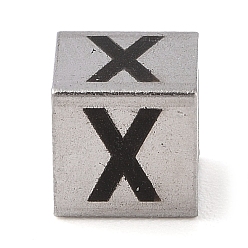 Letter X Устойчивые к потускнению 201 европейские бусины из нержавеющей стали, бусины с большим отверстием, куб с английской буквой, цвет нержавеющей стали, Письмо X, 7x7x7 мм, отверстие : 5 мм