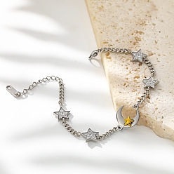 Stainless Steel Color 304 Stainless Steel Micro Pave Clear Cubic Zirconia Moon & Star Link Bracelets for Women, Stainless Steel Color, 6.30 inch(16cm)