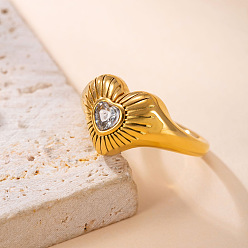 Doré  304 bagues en acier inoxydable avec pavé de zircones cubiques, cœur, or, taille us 7 (17.3 mm)
