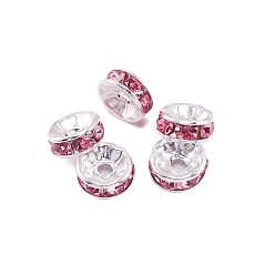 Light Rose Rondelle Brass Rhinestone Spacer Beads, Light Rose, 4mm, Hole: 1mm