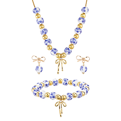 Doré  Ensembles de boucles d'oreilles pendantes, de bracelets et de colliers à pendentifs en porcelaine imprimée de fleurs, ornés de nœuds en laiton., bleu et blanc, or, collier: 19.49 pouces (49.5 cm), bracelet : pouce (1.97 cm), Boucle d'oreille: 5 cm