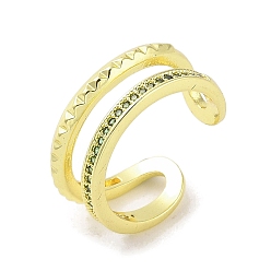 Green Golden Brass Micro Pave Cubic Zirconia Open Cuff Rings, Cadmium Free & Nickel Free & Lead Free, Green, 10.5mm, US Size 7(17.3mm)