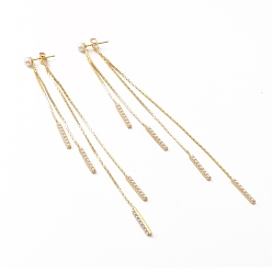 Real 18K Gold Plated Brass Long Tassel Dangle Stud Earrings with Acrylic Pearl, Front Back Stud Earrings for Women, Lead Free & Cadmium Free & Nickel Free, Real 18K Gold Plated, 133x4.5x4.5mm, Pin: 0.6mm