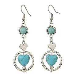 Antique Silver 3 Pair 3 Style 304 Stainless Steel Dangle Earrings with Synthetic Turquoise Beaded for Women, Heart & Flat Round, Antique Silver, 65x21mm, 1 Pair/style