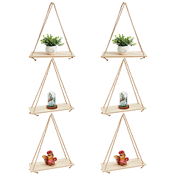 Antique White 6 Bags Rectangle Wood Wall Hanging Storage Rack, with Jute Rope, Antique White, 352x140x9mm