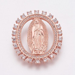 Розовое Золото Латунные микро проложить кубического циркония подвески, плоские круглые с девственницей, розовое золото , 30.5x26x2 мм, отверстие : 1x1.5 мм