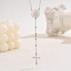 Плоский Круглый 201 Винтажный рельефный портрет из нержавеющей стали с подвеской в виде креста с кисточкой, четки для женщин, серебряные, плоско-круглые, 20.67 дюйм (52.5 см)