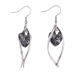 Gray Dangle Earrings, with Heart Electroplated Glass Pendants, Stainless Steel Twist Shape Pendants, Earring Hooks and Ice Pick Pinch Bails, Gray, 59mm, Pendant: 40x18x8mm, Pin: 0.7mm