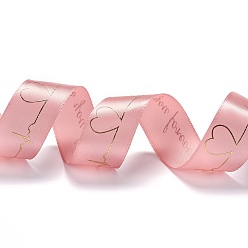 Pink Polyester Ribbons, Single Face Printed, Heartbeat & Word Love You Pattern, for DIY Gift Packing, Pink, 1 inch(26mm), about 50 yards/roll(45m/roll)