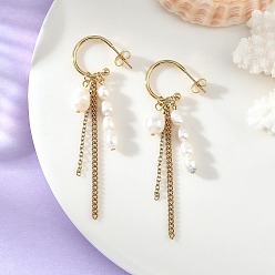 Golden 304 Stainless Steel Tassel Stud Earrings, Natural Cultured Freshwater Pearl Half Hoop Earrings for Women, Golden, 65x21mm