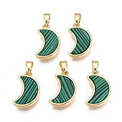 Malachit Echte 18 k vergoldete Messinganhänger, mit synthetischen Malachit cabochons, Cadmiumfrei und Nickel frei und Bleifrei, Mond, Malachit, 15.5x10x3 mm, Bohrung: 2.5x5 mm