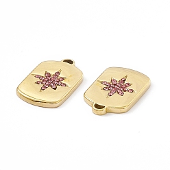 Rose Vacuum Plating 201 Stainless Steel Pendants, with Rhinestone, Real 18K Gold Plated, Oval Rectangle with Star Charms, Rose, 20.5x12.5x2mm, Hole: 1.4mm