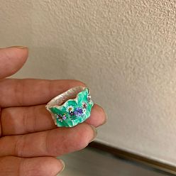 Cyan Brass Rhinestone Finger Rings, with Enamel, Nuggets with Flower, Cyan, 15~20mm