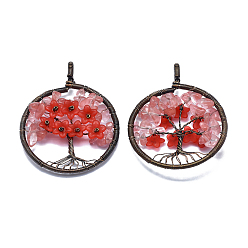 Watermelon Stone Glass Cherry Quartz Glass Pendants, with Acrylic and Brass Findings, Flat Round with Tree of Life, 59x47~47.5x9.5~10mm, Hole: 4mm