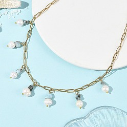 Larimar Natural Larimar Chip and Pearl Tassel 304 Stainless Steel Paperclip Chain Necklaces for Women, Golden, 16.14 inch(41cm)