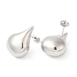 Platinum Brass Teardrop Stud Earrings, Platinum, 26x19.5mm