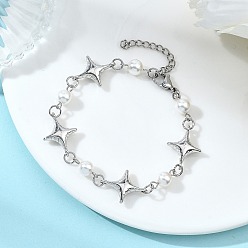 Платина Браслеты-цепочки из ракушек, жемчуга и сплава для женщин, звезда, платина, 6.81 дюйм (17.3 см)