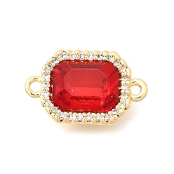 Красный Подвески-коннекторы из латуни с микропаве из прозрачного кубического циркония и стекла, прямоугольник ссылки, реальный 18 k позолоченный, красные, 15x9x5 мм, отверстие : 1.2 мм.
