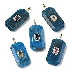 Апатит Граненые подвески из натурального апатита, прямоугольные подвески с латунной микропаве кубическими цирконами случайных цветов, золотые, 34.5x15x6 мм, отверстие : 4x2 мм
