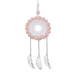 Коралловый Акриловая плетеная сетка/паутина с подвесными украшениями из перьев, подвесные украшения для дома, коралл, 280x65 мм