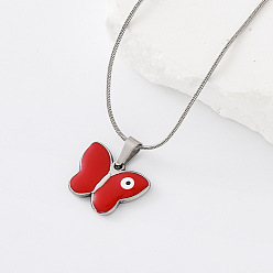 Red 304 Stainless Steel Enamel Evil Eye Butterfly Pendant Necklaces for Men Women, Stainless Steel Color, Red, 15.75 inch(40cm)