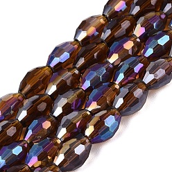 Saddle Brown Electroplate Transparent Glass Beads Strands, Rice, AB Color Plated, Faceted, Saddle Brown, 8~8.5x5.5~6mm, Hole: 1~1.2mm, about 67~68pcs/strand, 21.46~22.24 inch(54.5~56.5cm)