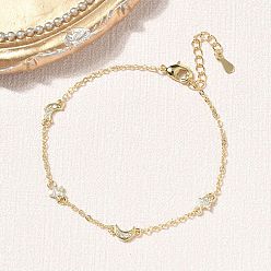 Real 18K Gold Plated Brass Micro Pave Clear Cubic Zirconia Moon Star Link Chain Bracelets, Long-Lasting Plated, Rack Plating, Lead Free & Cadmium Free, Real 18K Gold Plated, 6.69 inch(17cm)