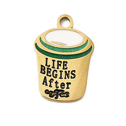 Черный 304 нержавеющей стальной эмали подвески, ионное покрытие (ip), кофе со словом жизнь начинается после кофе очарование, реальный 18 k позолоченный, чёрные, 18x12x1.5 мм, отверстие : 1.9 мм