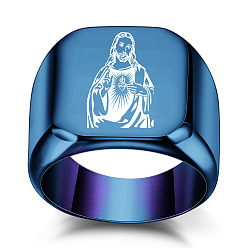 Синий Перстни-печатки из нержавеющей стали на религиозную тематику для мужчин, святой, синие, размер США 8 (18.1 мм)