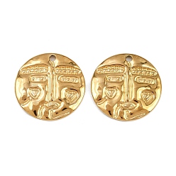 Настоящее золото 18K 304 подвески из нержавеющей стали, ионное покрытие (ip), плоский круглый с человеческим лицом, реальный 18 k позолоченный, 24x2 мм, отверстие : 1.8 мм