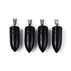 Обсидиан Природные подвески обсидиана, пулевые чары, с защелкой из нержавеющей стали на поручнях, цвет нержавеющей стали, 28~30x10~10.5 мм, отверстие : 7.5x3.5 мм