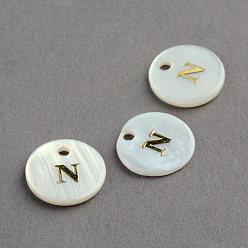 Letter N Freshwater Shell Pendants, Flat Round with Gold Blocking Letter.N, 11.5x2mm, Hole: 1.5mm