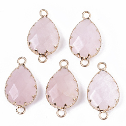 Rose Quartz Natural Rose Quartz Links connectors, with Golden Tone Brass Open Back Settings, Faceted, Teardrop, 26.5~27.5x14x6mm, Hole: 2mm