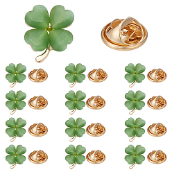 Green 15Pcs Cat Eye Pin, Painting Golden Alloy Badge for Backpack Clothes, Clover, Green, 14x12mm