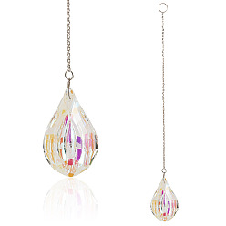 Teardrop 1прозрачные стеклянные подвесные вешалки для окон, с железной цепью, для украшения сада на открытом воздухе, ясно AB, платина, слеза, 298 мм, Кулон : 62x37.5x16.5 мм